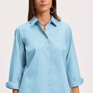 Foxcroft NYC teal polka dot cotton shirt, size 12P..